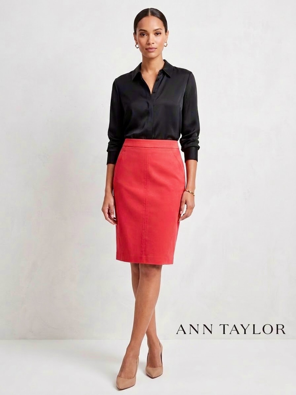 Ann Taylor Coral-Red Pencil Skirt with Clean Seam Detailing